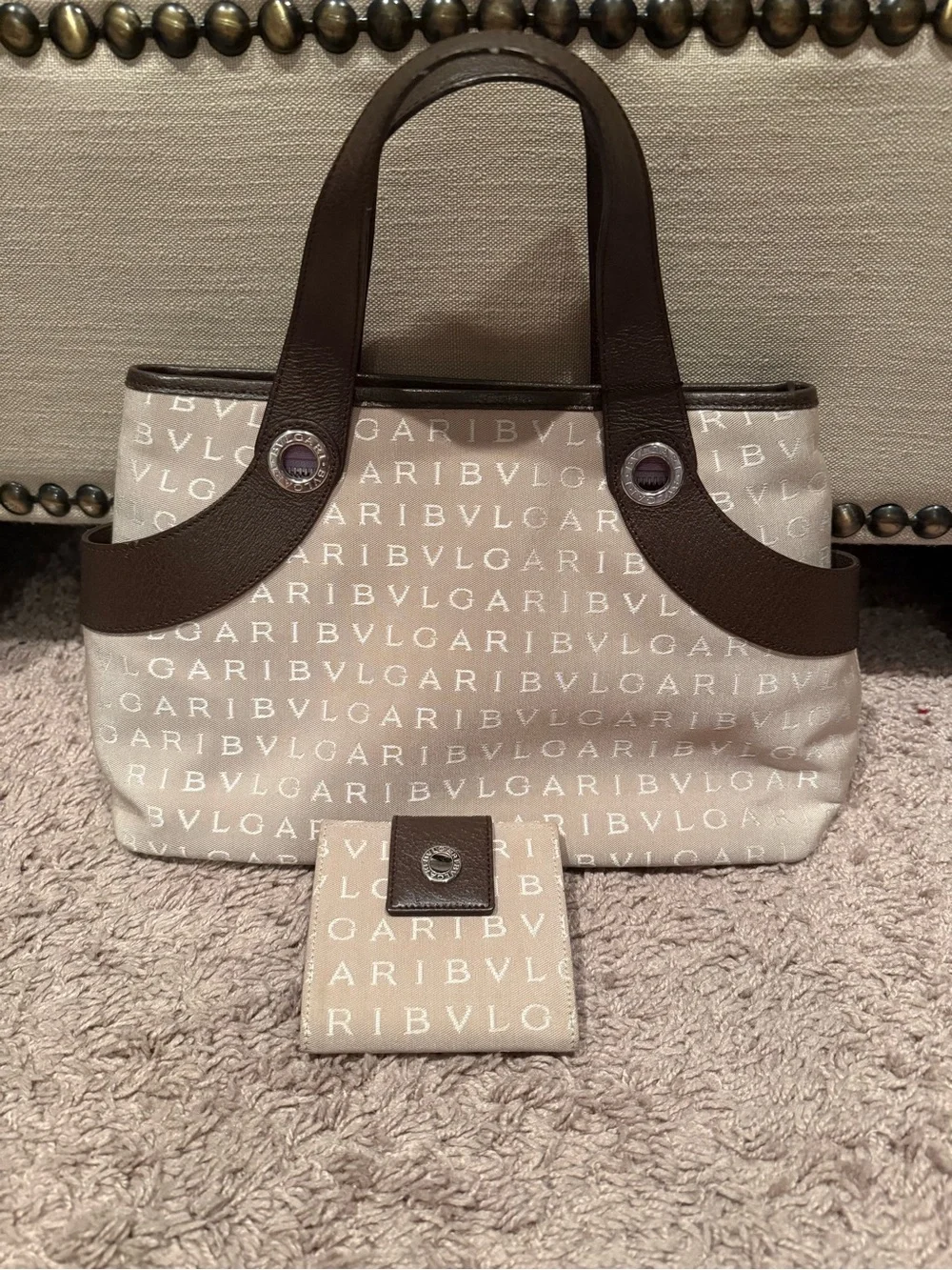 Bulgari Cream Canvas Logo Tote with Brown Leather Trim with matching wallet
